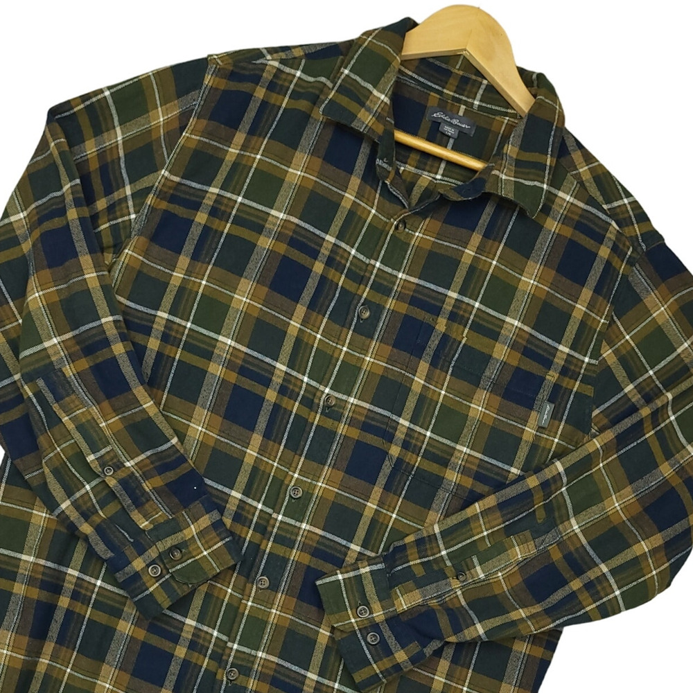 Eddie Bauer Olive Green Navy Plaid Button-Down Shirt